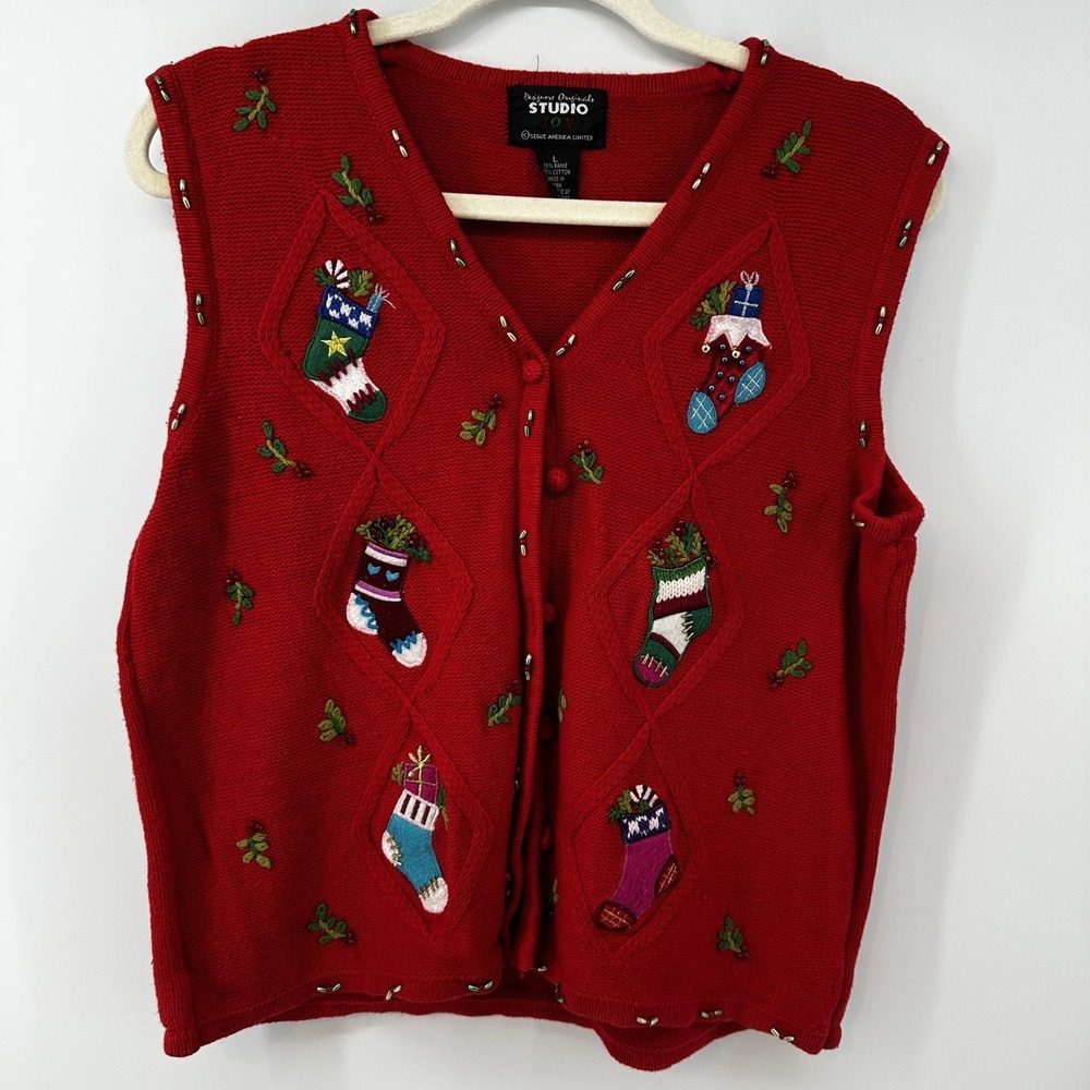 Vintage Designers Originals Studio Cardigan Vest Womens L Christmas Knit 90s